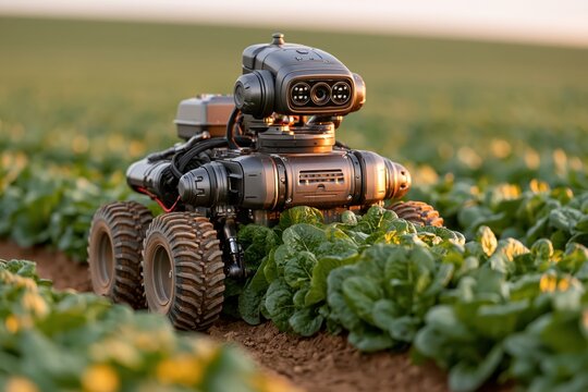 Autonomous agricultural robot working in green crop field at sunset
