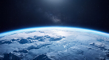 Fototapeta premium Cinematic view of the blue planet earth from outer space with atmospheric glow and bright starlight shining over frozen arctic landscape and ice mountains