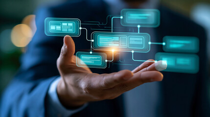 Obraz premium Close-up of businessman hand using artificial intelligence decision workflow interface, ethical AI analysis and governance concept, defocused background, with copy space