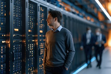 Fototapeta premium IT engineer smiling in modern data center server room professional