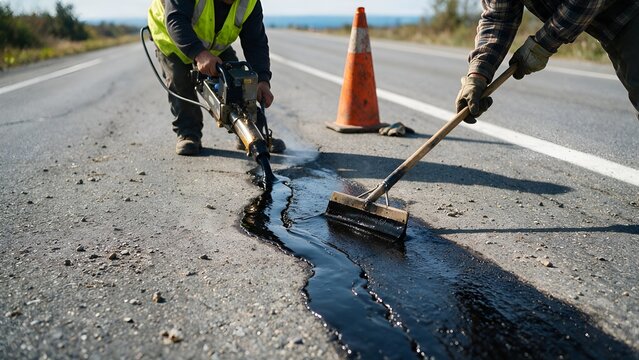 Road workers repairing cracks in asphalt highway using hot bitumen and tools under bright natural daylight during industrial street maintenance project on a sunny day