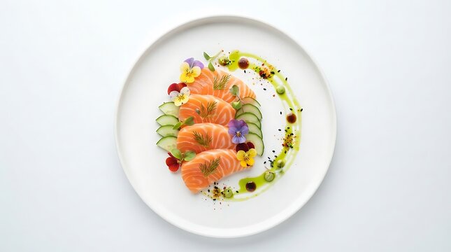 Fresh salmon sashimi slices arranged elegantly on white plate with edible flowers and green cucumber garnishes