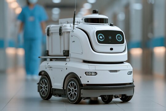 Autonomous delivery robot transporting medical supplies in hospital hall