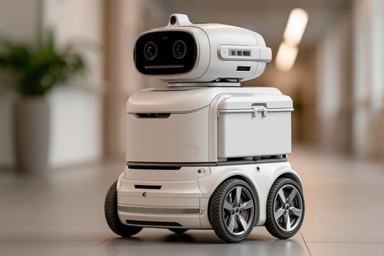 Autonomous delivery robot with wheels in modern corporate building
