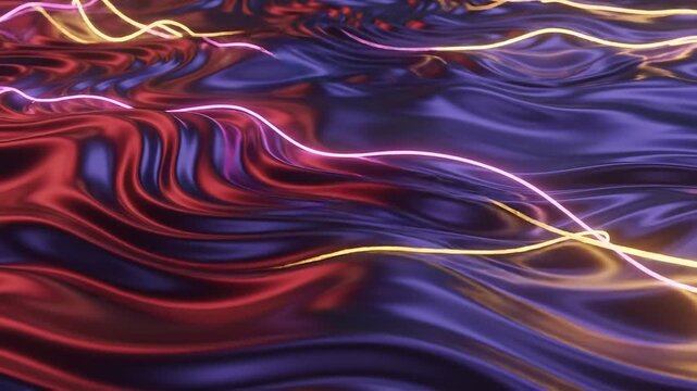 Abstract Wavy Metallic Texture with Glowing Neon Lines Flowing, Futuristic Cyberpunk Digital Background Loop