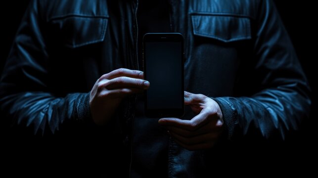 Man holding smartphone, dark background, night, security, mystery, website mockup