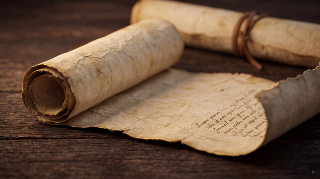 Two old antique parchment scrolls with handwritten text lying on a rustic dark wooden surface, vintage aged paper manuscripts with rolled edges for historical theme