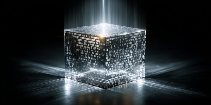 Futuristic digital cube displaying binary code illuminated by a bright light beam on a reflective dark surface.