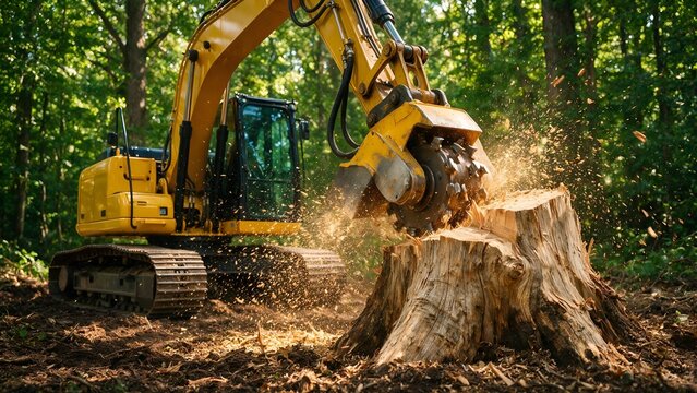 Powerful yellow industrial excavator machine using a sharp rotating metal stump grinder attachment to remove a large wooden tree stump in the middle of forest