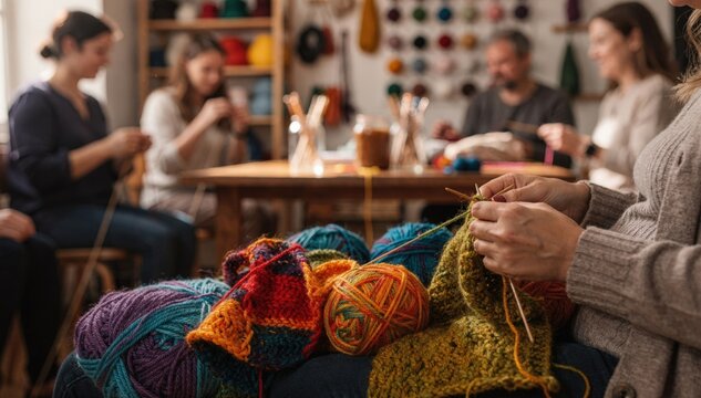 Knitting circle medium shot showing a participants colorful wool in sharp detail with fellow crafters and studio elements blurred behind.