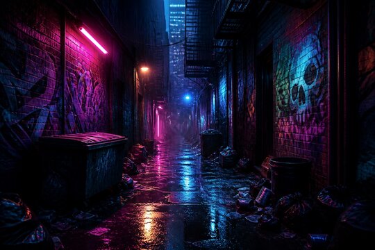 Rainy graffiti alley with wet pavement and urban trash