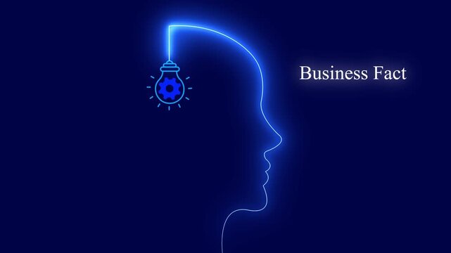 Glowing neon human head outline with light bulb for business fact content and corporate strategy visuals for linked in
