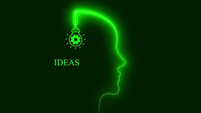 Innovative ideas and creative solution generation concept with glowing head outline and bright illuminated bulb