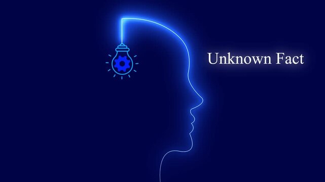 Neon human head outline with glowing light bulb for unknown fact content and mysterious research based educational videos