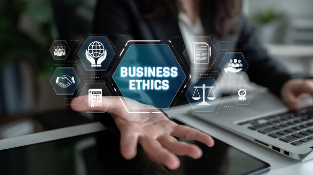Business Ethics Concept with Digital Icons Representing Values and Standards in Corporate Practices for Ethical Decision-Making in Modern Business Environments Sigmoid