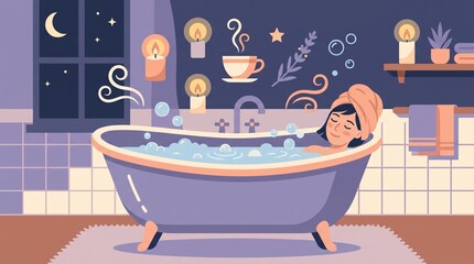 Naklejka premium Woman enjoying relaxing bubble bath at night. Calm evening self care ritual with candles and tea promotes mental wellness. Perfect for lifestyle blogs or health articles.