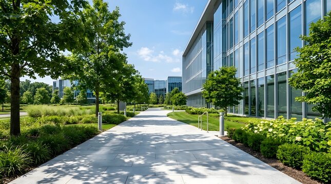 A wide concrete walkway leads through a lush green office park with trees and glass architecture.