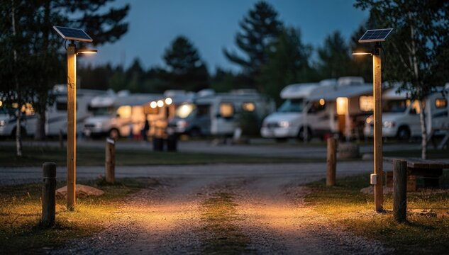 Polemounted solar lamps standing tall beside a campground entrance softly lighting the area with outoffocus recreational vehicles beyond.