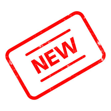 Red rubber stamp with NEW text, distressed grunge ink texture on white background, rectangular promotional sign for marketing and retail sales