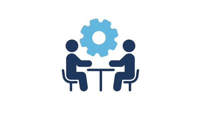 Business Strategy Meeting animation video icon. Corporate Team Discussion Table with Central Gear Symbol for Problem Solving and Technical Workflow UI Motion Animation