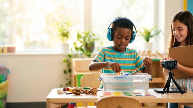 Black autistic boy exploring water during sensory learning activity