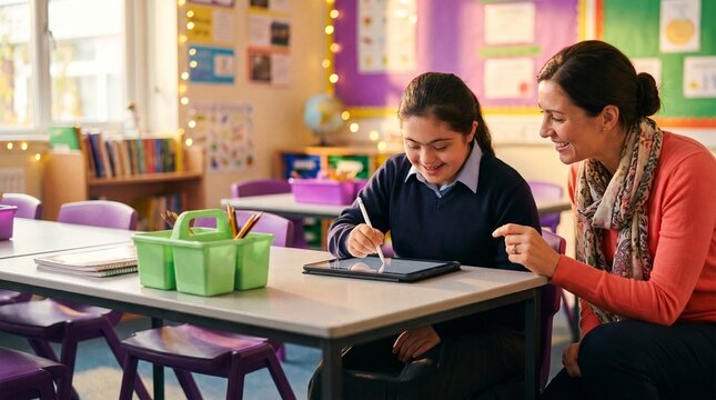 Girl with Down syndrome learning on tablet with teacher in classroom