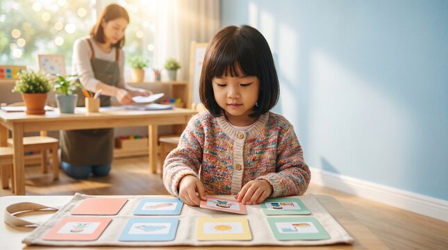 Schoolgirl arranging learning cards at table in classroom