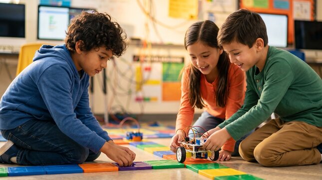 Autistic boy building robot with classmates in STEM classroom
