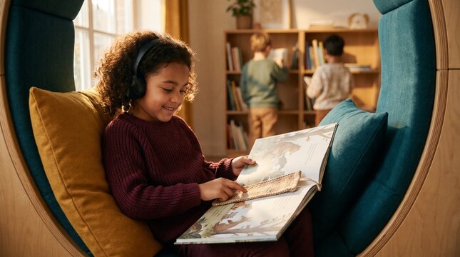 Autistic mixed race girl reading sensory book in school library