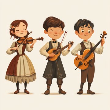 Happy children playing violins, mandolin, cello; illustration, music education