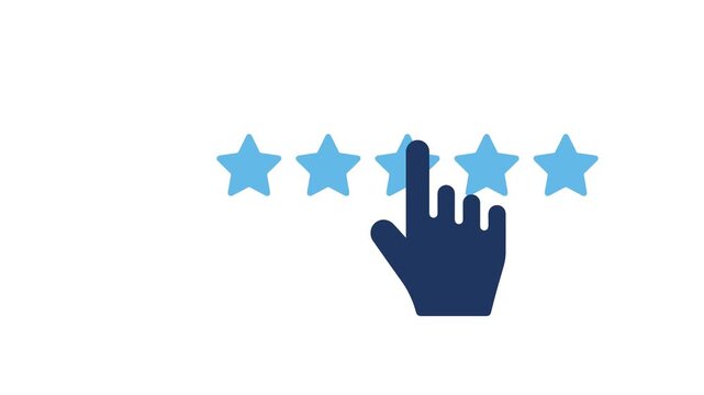 Interactive star rating feedback animation video. Five stars review system with cursor click and positive evaluation for customer satisfaction UI design