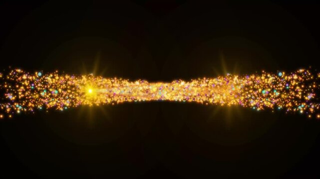 Magic sparkle glitter trail with golden glowing doodle stars, white twinkling fairy dust, shining star line transition on black background, 4K