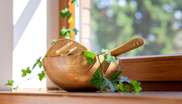 Close-up of a wooden bowl filled with fresh green herbs on a wooden table.