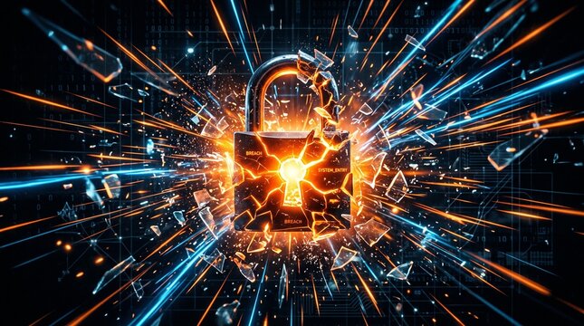 Explosive Digital Security Breach: Shattered Padlock Symbolizing Data Cyber Attack, System Entry and Breach in Futuristic Network with Binary Code and Light Streaks, Concept of Data Protection