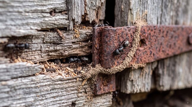Macro close up of black carpenter ants crawling on old weathered wooden boards with a rusty metal hinge in an outdoor garden or structure setting