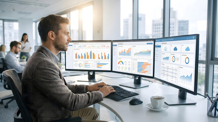Fototapeta premium Businessman analyzing financial data on multiple computer screens
