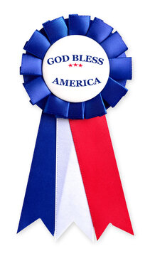 Patriotic rosette ribbon featuring god bless america text, isolated on transparent background
