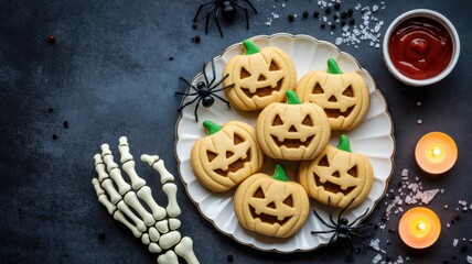 Naklejka premium Halloween pumpkin cookies with spiders and candles on dark background.