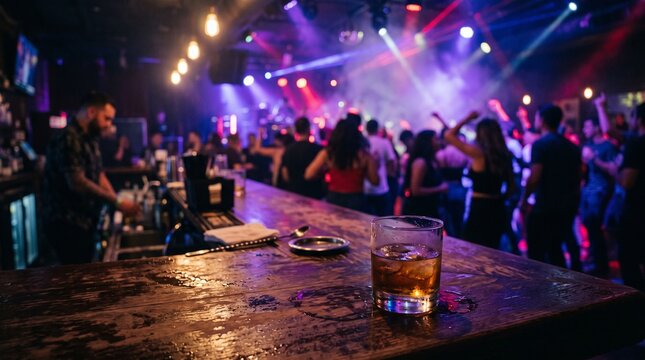 Glass of whiskey with ice on a wooden bar counter in a crowded nightclub with colorful stage lighting, blurred people dancing in background, bartender preparing drinks, nightlife atmosphere concept.