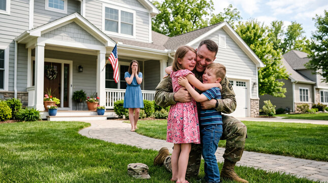 An American soldier in uniform returning home and joyfully hugging his children outside their house, capturing a deeply emotional military family reunion, fatherhood, and unconditional family love