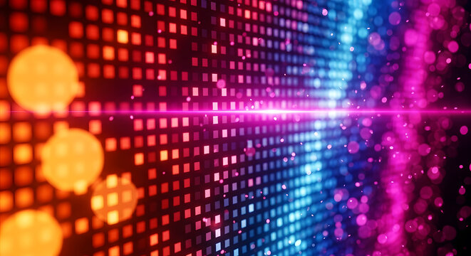 Abstract digital motion background showing light particles flowing through a grid of vibrant glowing squares