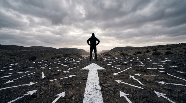 Silhouette of a man standing on a rocky hill looking at multiple white painted arrows pointing in different directions on the ground, concept of decision making, business strategy and life choices.