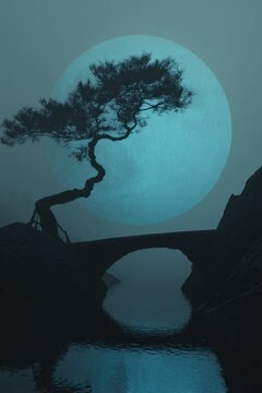 Mystical Blue Moon Bonsai Tree Bridge Tranquil Zen Night Landscape Serenity