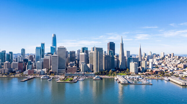 Aerial view of the San Francisco skyline and city skyscrapers along the waterfront under a clear blue sky with calm bay waters in California, USA.