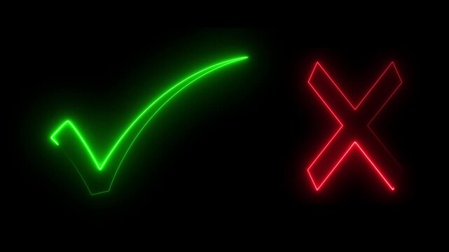 Minimal neon Check Mark and Cross Icon in Circle on Black Background.Tick or check mark and cross mark signs neon icon animation.right and wrong neon icons