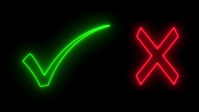 Minimal neon Check Mark and Cross Icon in Circle on Black Background.Tick or check mark and cross mark signs neon icon animation.right and wrong neon icons