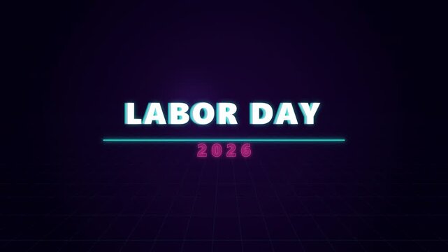 Labor Day 2026 animated text graphic on dark purple background