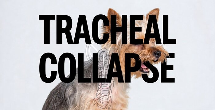 A small, scruffy Yorkshire Terrier stands against a plain background, its expression perhaps conveying a hint of distress, with bold white text reading TRACHEAL COLLAPSE overlayed.