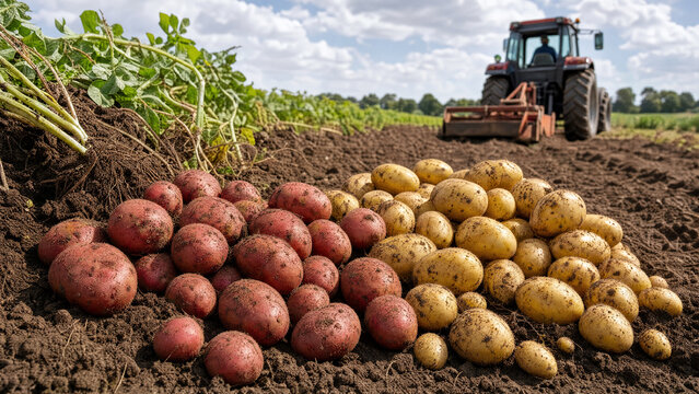 Freshly harvested red and yellow potatoes piled in agricultural field with tractor working in background