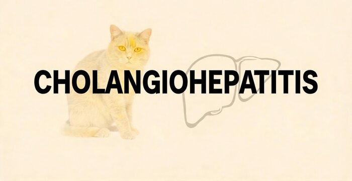 Cholangiohepatitis text with a stylized cat and a liver outline on a muted background.